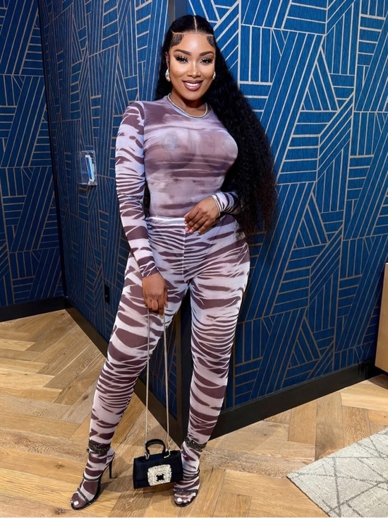 Pants - Women's Brown Printed Long-Sleeve Jumpsuit